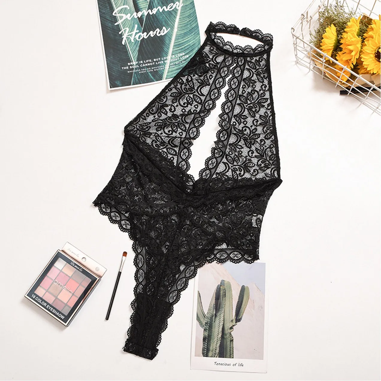 

Sexy Solid Colors Lingerie One Piece Women Lace Bra Set Deep V Hot Erotic Sexy Hollow Underwear Halter Bra Transparent Lingerie
