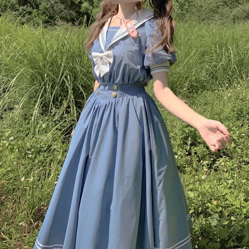 

Harajuku Sailor Collar Navy Dress Japanese Lolita Sweet Bow-knot Girl Retro Cotton Kawaii Preppy Style Short Sleeve Dress