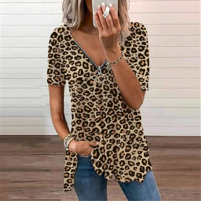 

Summer Women V-Neck Short Sleeve Pullover Top Blouse Casual Zipper Leopard Loose Shirts Plus Size 3XL Fashion Sweatshirt Blusas