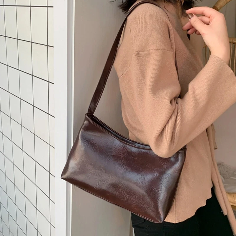 

Vintage Baguette Women's Bag PU Leather Shoulder Bag Simple Solid Color Lady Handbag Designer Armpit Bag Girls Shopping Purse
