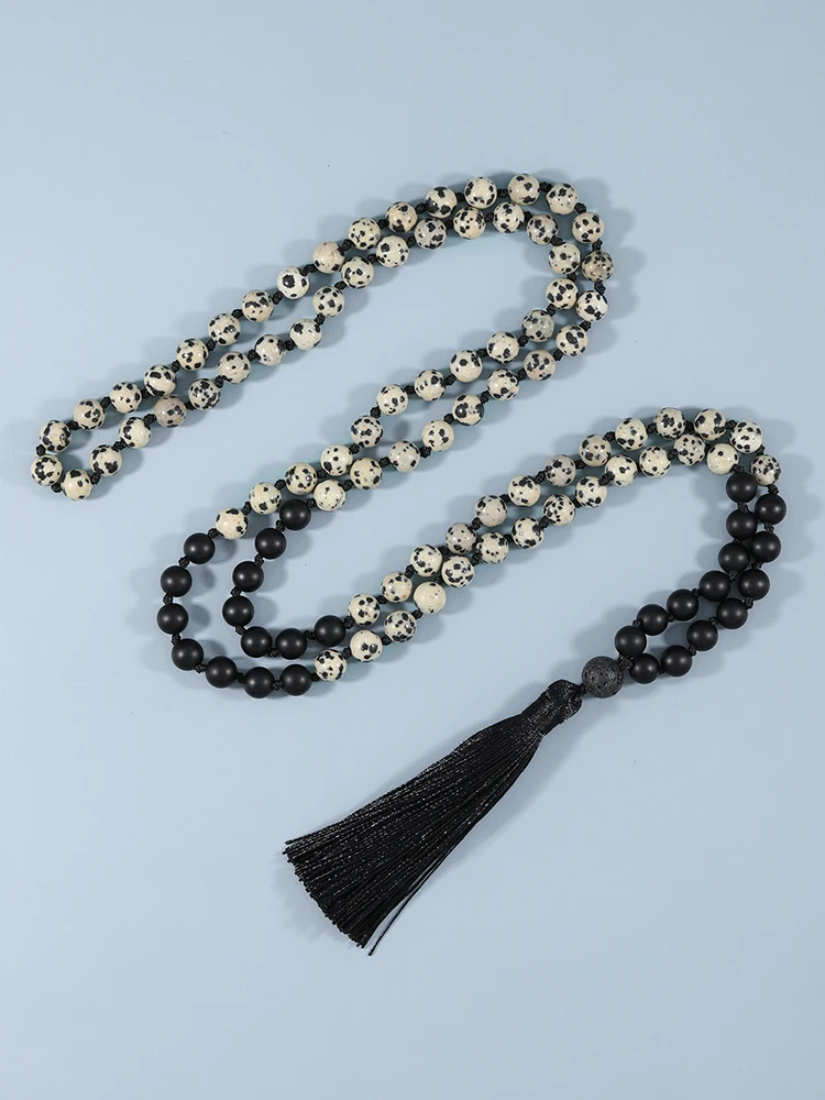

YUOKIAA Japamala108 Beaded Mala Necklace Natural Black Onyx Spotted Stone Peaceful Heart Meditation Yoga Spirit Jewelry Necklac