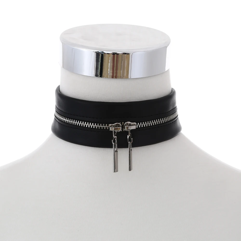 Черное кожаное ожерелье модные ожерелья Чокеры 2016 металлическая молния чокер