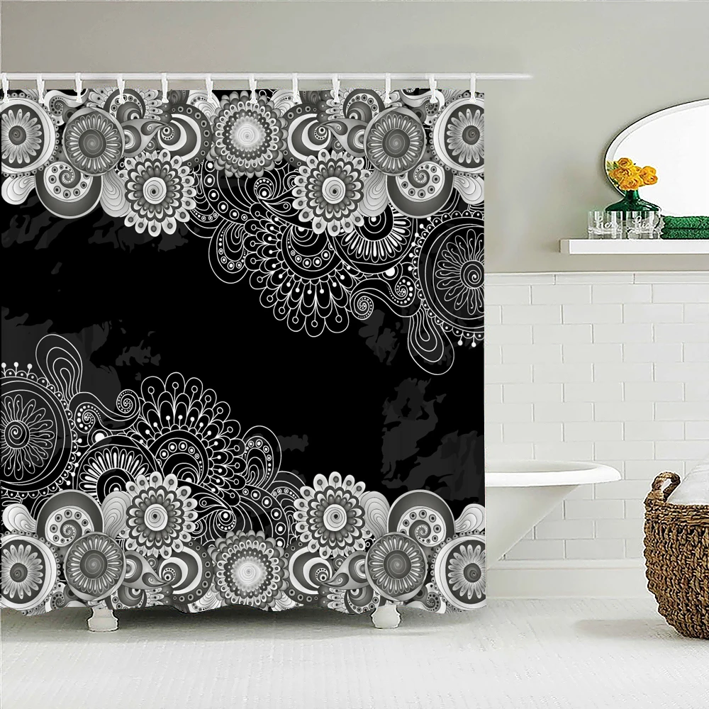 

Waterproof Shower Curtain Indian Bohemian Bathroom Curtains Boho Mandala Polyester Bath Screen Bathtub Decor with 12 Hooks