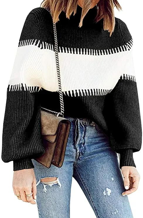 

Women Sweater Long Sleeve Color Block Splicing Fashion vertical stripe fabric pit Loose Knit Tops for Ladies sweater pullover