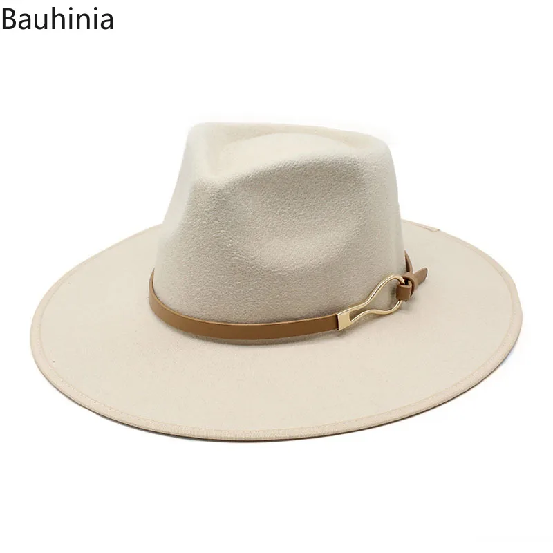 

Bauhinia Fashion Belt Decorate Wool Jazz Fedora Hats Casual Men Women Felt Hat Big Brim 8.5CM Panama Trilby Formal Party Cap