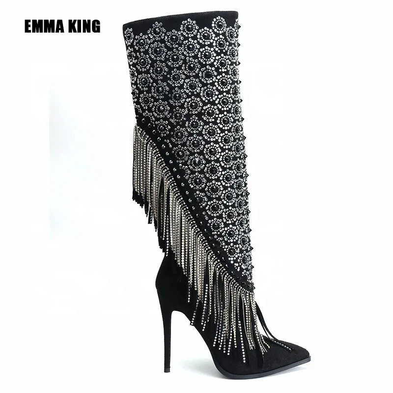 

Women Fashion Knee High Boots Lady Blingbling Crystal Decor Booties Black Tassel Boots Spring Sexy Patchwork High Heels Women