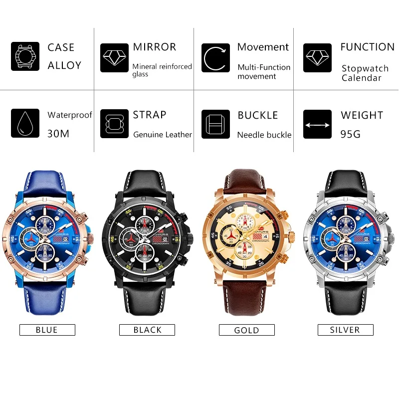 

Luxury Golden Mens Sport Watches 6 Hands Date Stopwatch Quartz Waterproof Brown Genuine Leather Army Military Wrist Clock Reloj