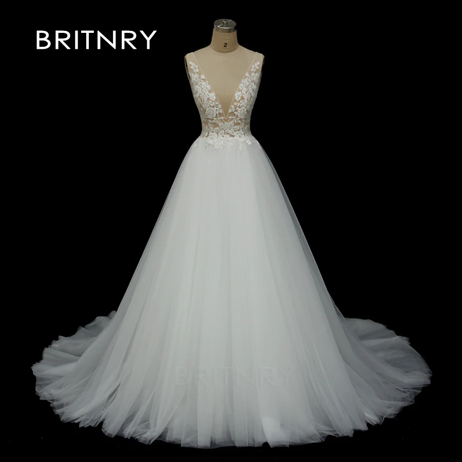 

BRITNRY 2020 Elegant Wedding Gowns Long 2019 Wedding Dresses Lace A-Line Backless Sexy V Neck Bridal Dress Vestido de Noiva