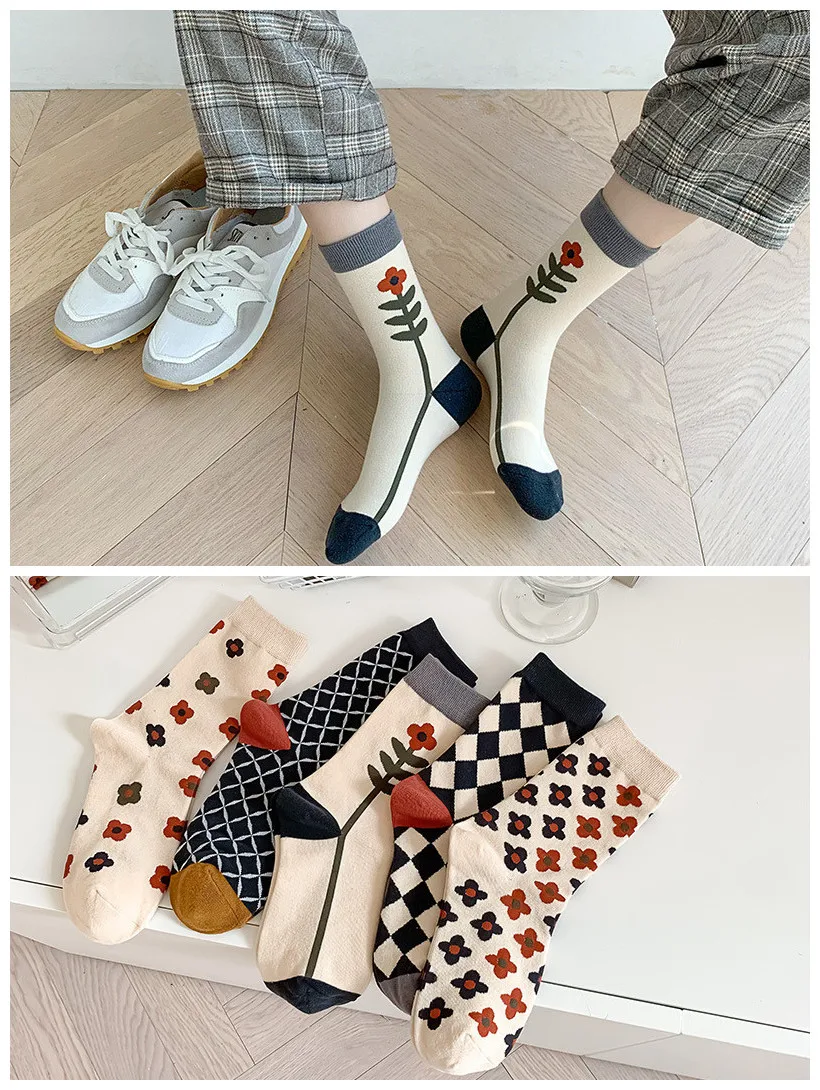 

High Quality Tube Socks Ladies Casual Cotton Socks Rhombus Small Flower Vertical Strips Piled Pile Socks Happy Woman Socks