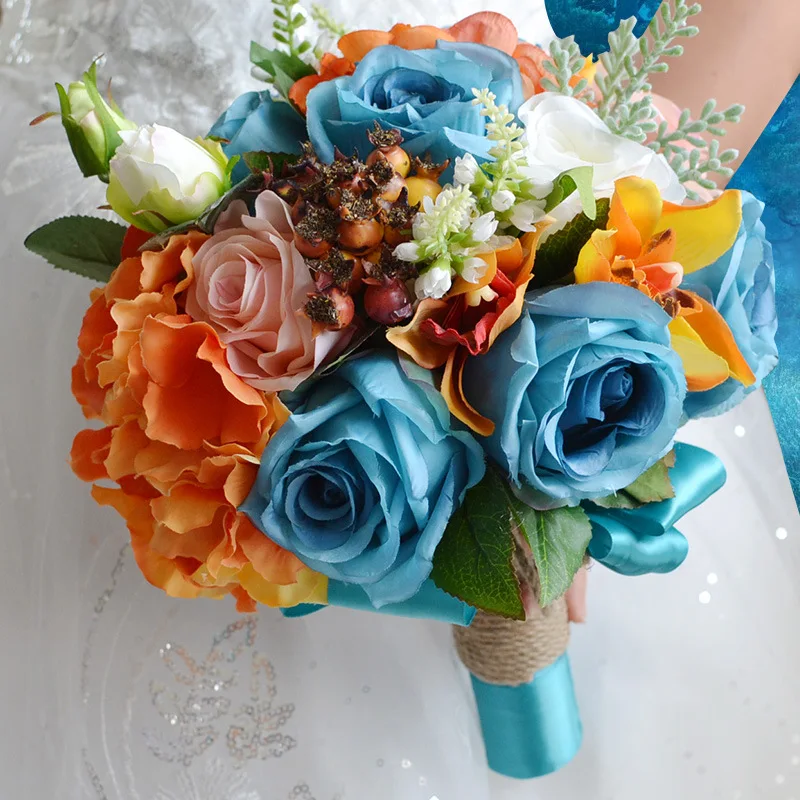 

New Design Blue Rose Orange Hydrangea Artificial Silk Flowers Distinctive Bride Flower Wedding Bouquet ramo de novia GC26