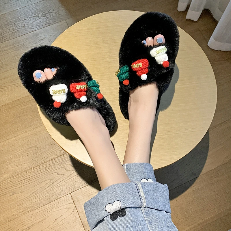 

Summer Fluffy Raccoon Fur Slippers Shoes Women Christmas Hats Flip Flops Flat Fur Sandals Outdoor Sandals Cute Women's Shoes
