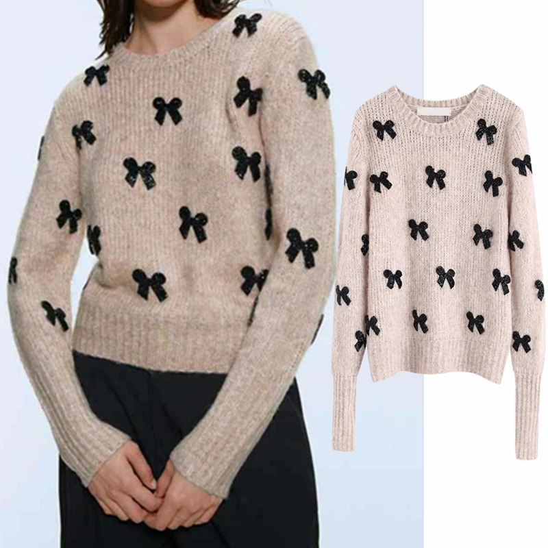 

Runway Vintage Elegant Sequins Bow Knitting Sweater 2019 Women Fashion Slim fit O Neck Long Sleeve Female Pullovers Chic Tops