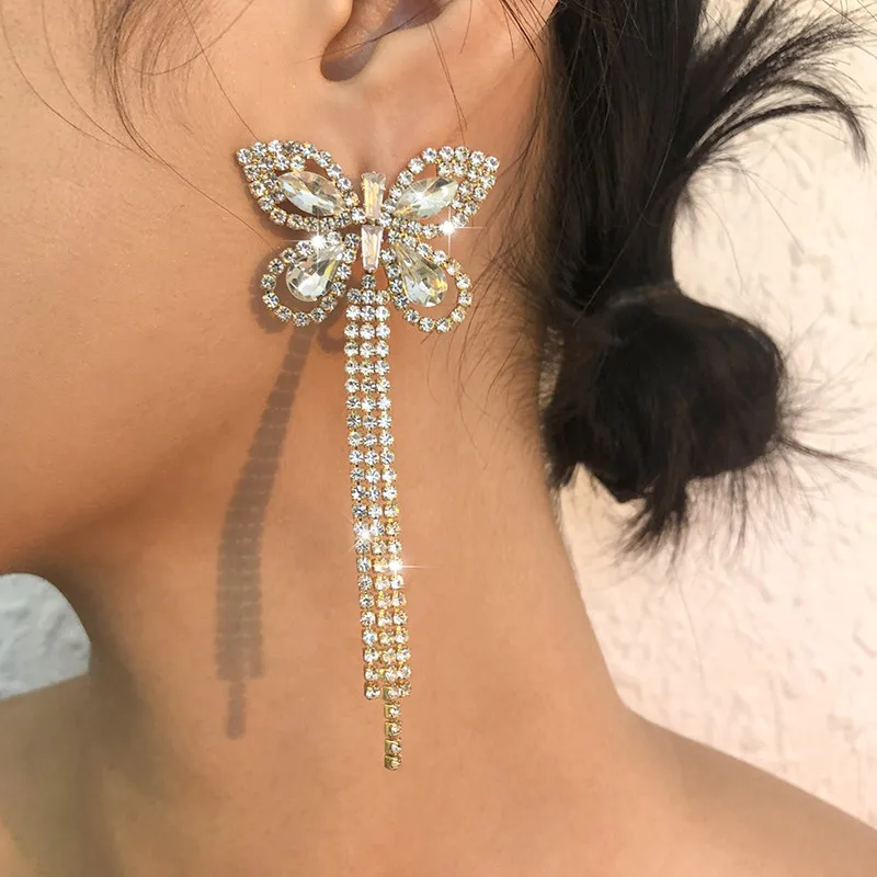 

European and American light luxury claw chain earrings full of diamond butterfly tassel earrings temperament versatile lady desi