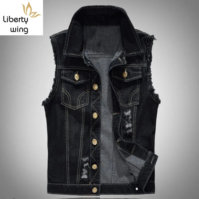 

Fashion Mens Motorcycle Jean Vest Black Ripped Destroyed Washed Slim Fit Sleeveless Denim Jacket For Men Plus Size 6XL