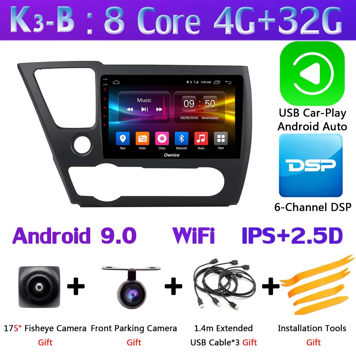 K3-B-CarPlay 360°AHD Камера Android 9,0 4G Оперативная память+ 64G Встроенная память SPDIF DSP CarPlay Автомобильный мультимедийный gps радио плеер для Honda Civic EX-L купе 2013 - Цвет: K3-B-CarPlay