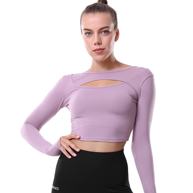 

OVESPORT Women's Long Sleeve Running Shirt Sexy Navel Bare Yoga Sweatshirt Quick-drying Fitness Gym Short Top Sportswear