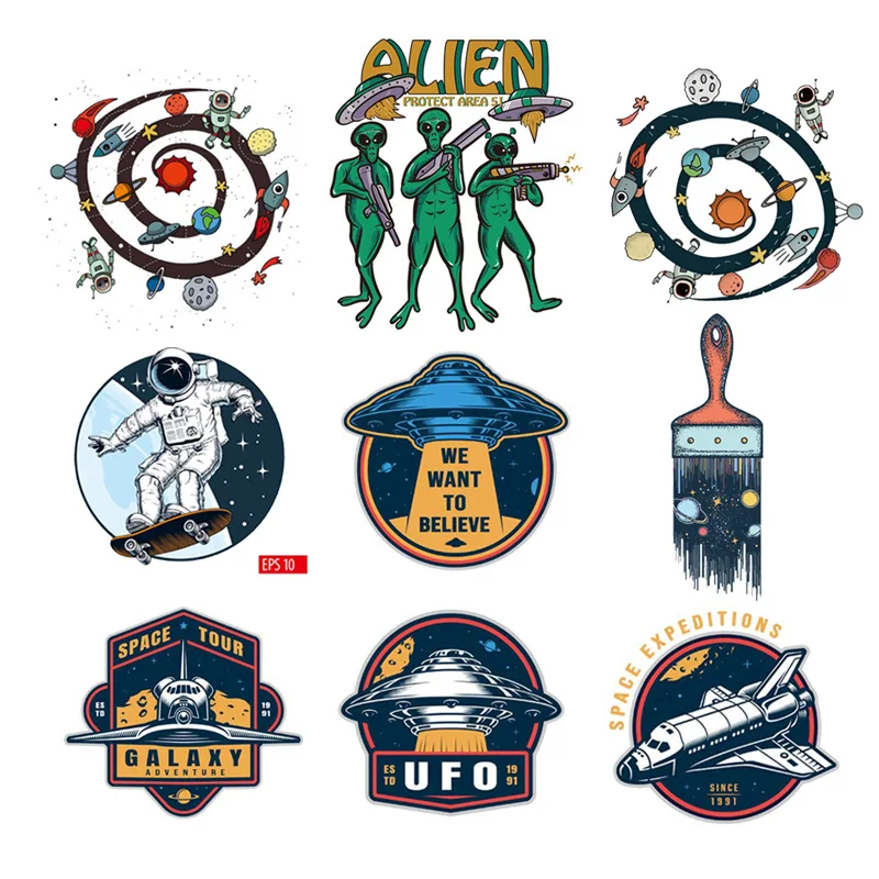 UFO Alien Thermal Patches Thermo-Stickers On Clothes Iron Badge Decal Decoration Cool Stripes Jeans Heat Transfer | Дом и сад
