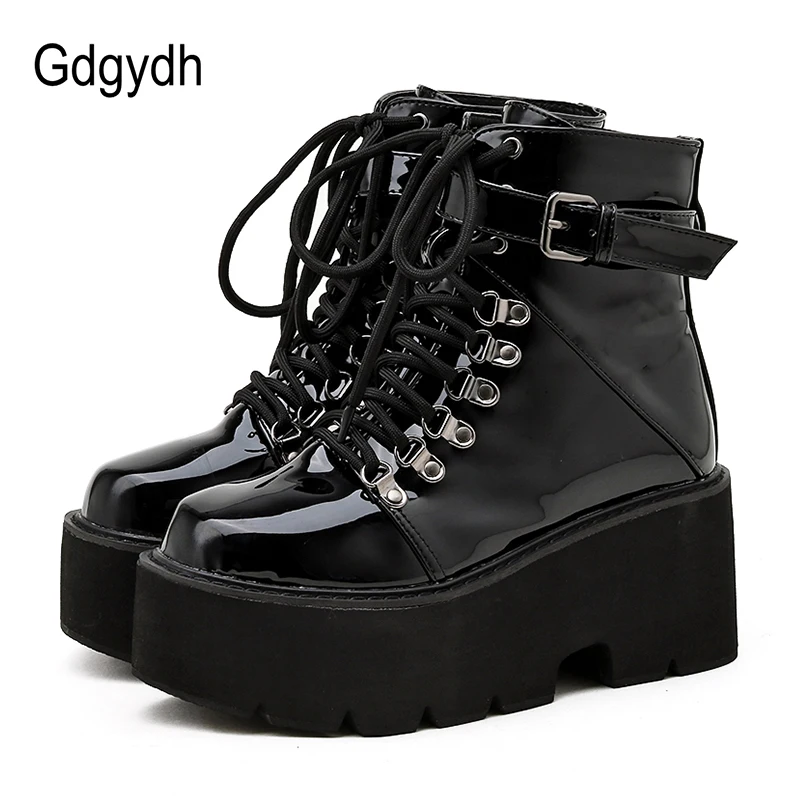 

Gdgydh Buckle Decoration Platform Boots Women Gothic Chunky Buckle Strap Boots Lace Up Patent Leather Punk Style Drop Shipping