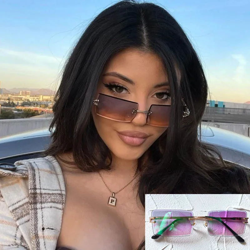 

Travel Essential Rimless Square Sunglasses Womens Mens Luxury Elegant Women's Coating Reflective Sunglasses Small Purple Shades