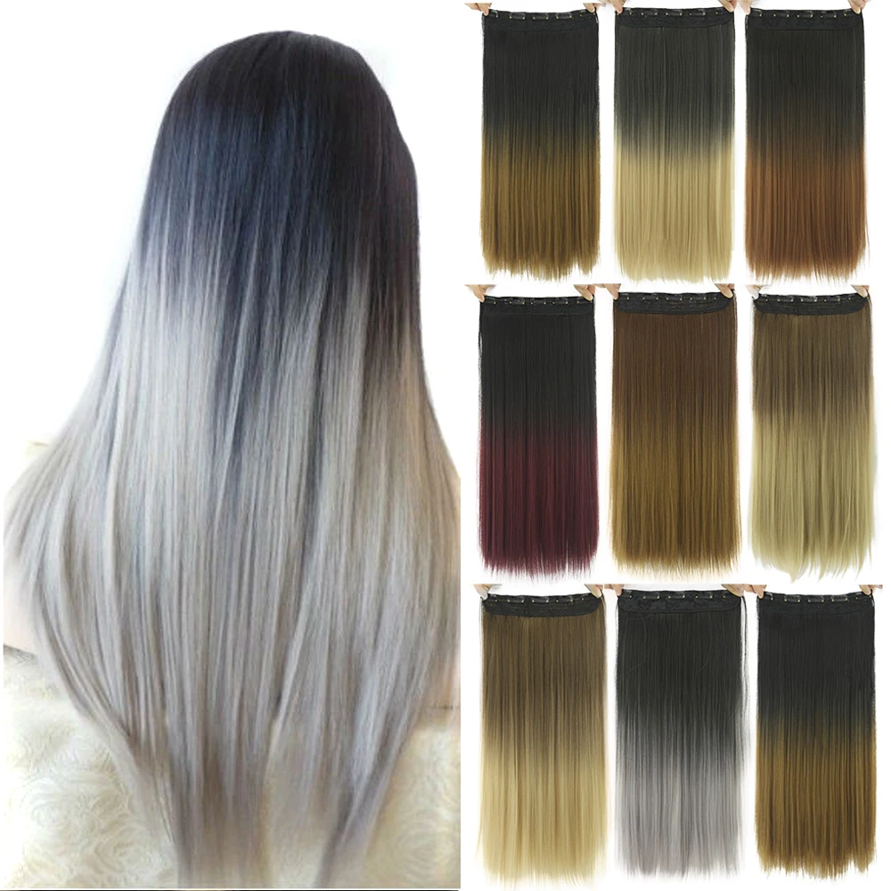 Soowee Long Synthetic Hair Straight Brown to Gray Fake Ombre Hairpiece Clip in Hair Extensions One-pieces for Women