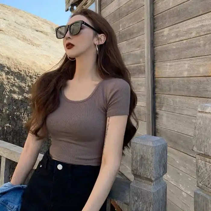 Женский облегающий эластичный пуловер с круглым вырезом футболка коротким