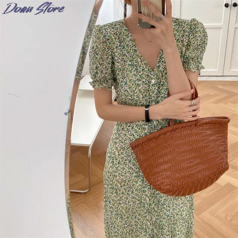 

Fresh Girls V-neck Floral Single Breasted 2021 Lace Up Summer Thin Slim Sexy High Quality Waist-Controlled Dresses