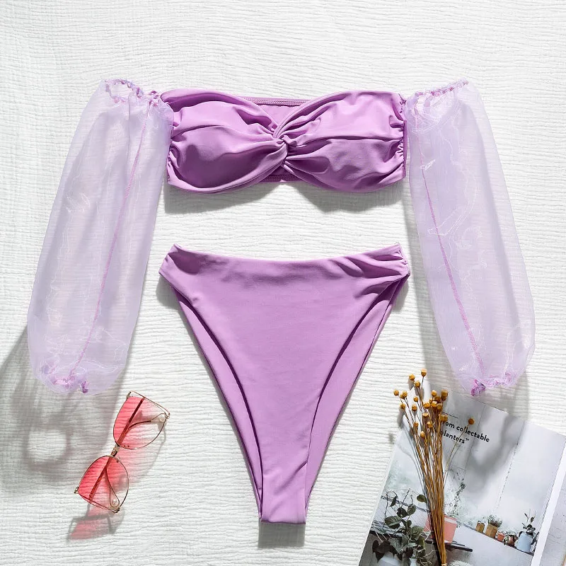 In-X High waist bikini set Long puff sleeve swimsuit female Mesh swimwear women Bandeau micro biquini bathing suit Summer Bather | Женская