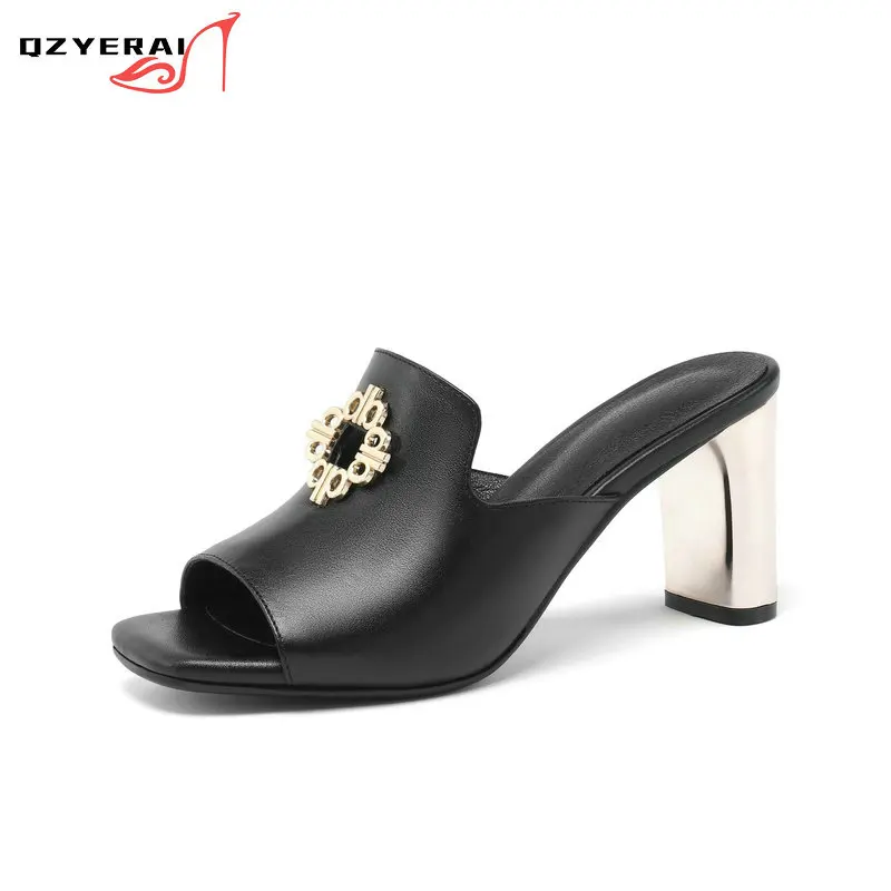 

Summer Slipper Woman Genuine Leather High Heels Fish Mouth Sandals European Fashion Chinese Knot Women Shoes Sexy Party Slippers