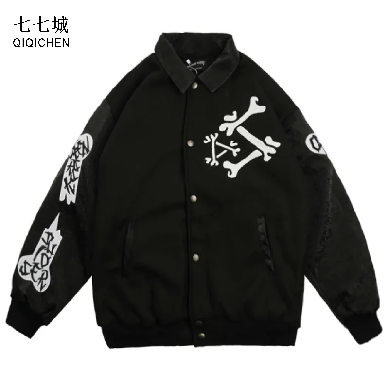 

Spring Autumn Skeleton Embroid Letter Bomber Jacket Men Hip Hop Harajuku Baseball Coat Oversized Street Varsity Jackets Unisex