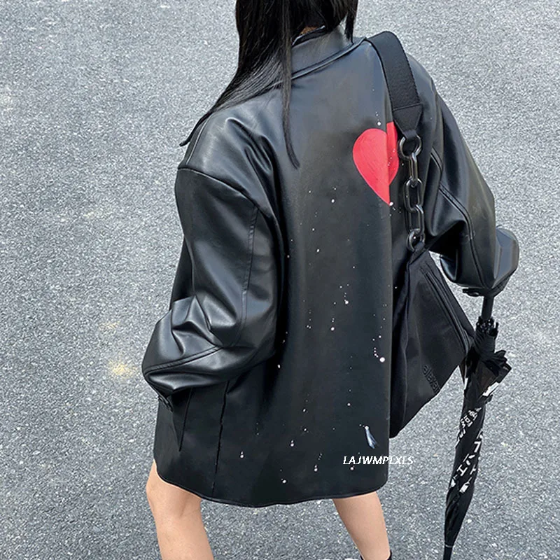

2021 Fashion women Casual Leather Jackets Spring Graffiti New Jacket Street Style Black Coats Leather Jacket