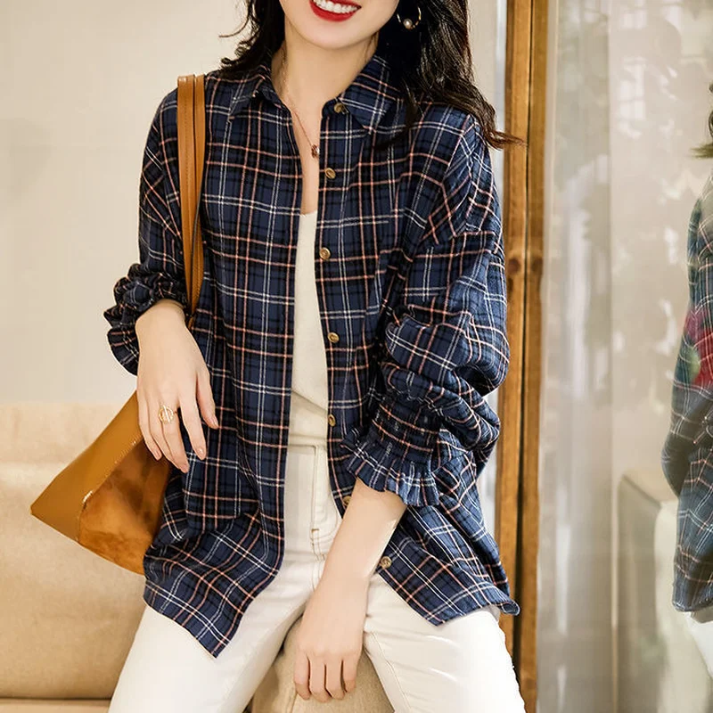 

2021 Spring Autumn New Women Korean Retro All-match Brushed Single-breasted Turn-down Collar Plaid Shirt Blouse Blusa Y706