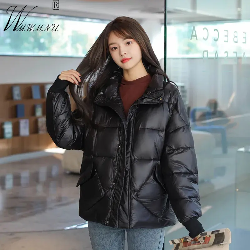 

Casual Glossy Winter Balck Parkas Korean Short Cotton Jacket Women Plus Size Lapel Padded Jacket Warm Quilted Outerwear Female