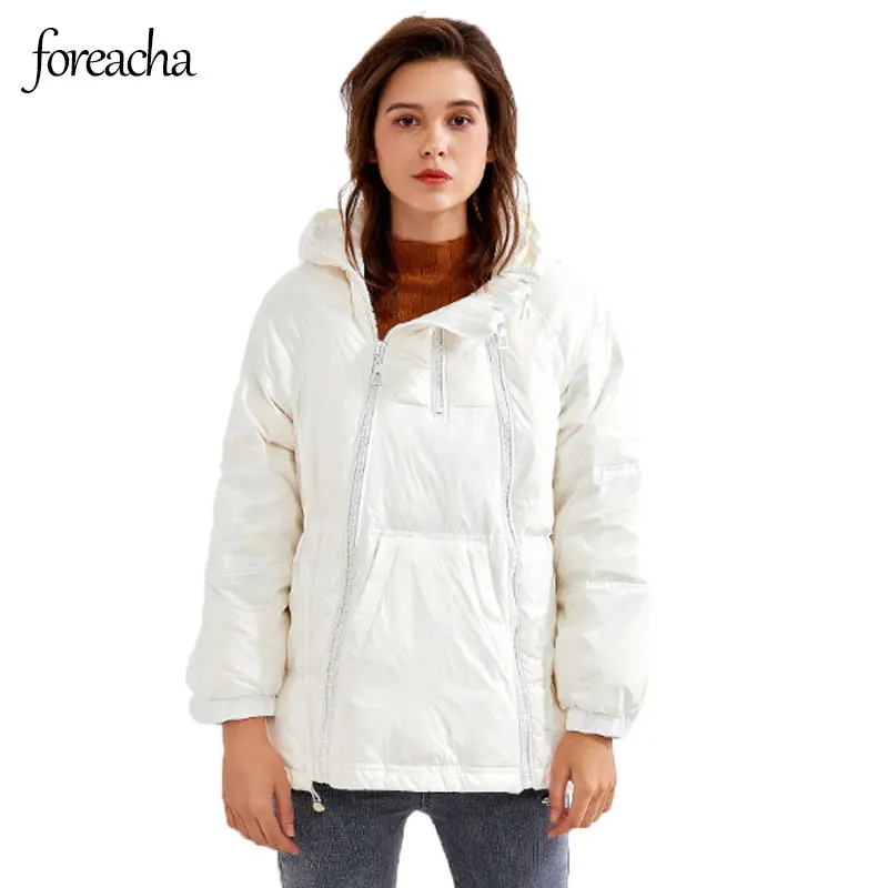 

foreacha Korean hooded down jacket female 2021 winter white duck down loose Bread Clothing stand up collar zipper Jacket Women