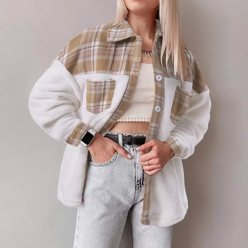 

ZANZEA женская модная офисная флисовая рубашка в стиле пэчворк 2022 повседневная однотонная блузка с длинным рукавом туника женская осенняя кле...