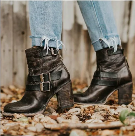 

Classics Fashion Women Autumn Ankle Boots Round Toe High Vintage Short Boots Buckle PU Winter Shoes Plus Size
