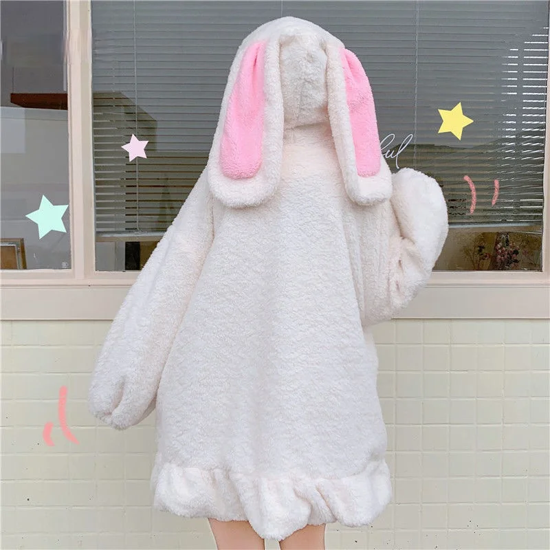 Rabbit Ears Hooded Coats Japanese Korean Girl Warm Women Kawaii Jacket Fall Winter New Sweet Soft Lambswool Ruffles Parkas White