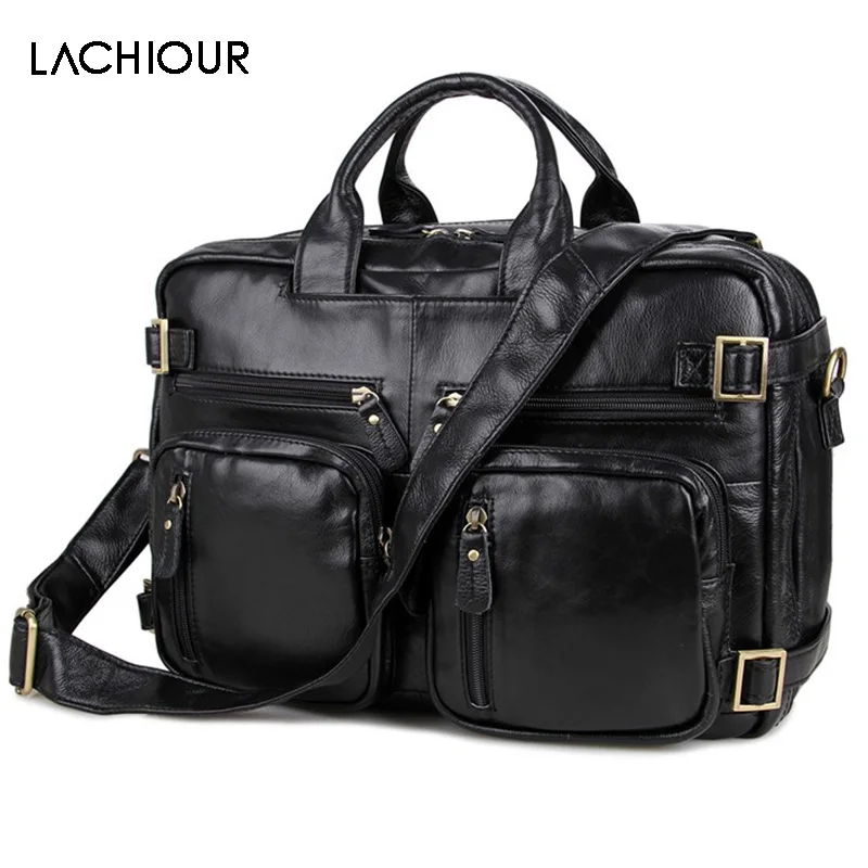 4 Functions Men Genuine Leather Handbag Male Large Business Travel Messenger Bag  Men's 14 Inch Laptop Crossbody Bag Portfolio