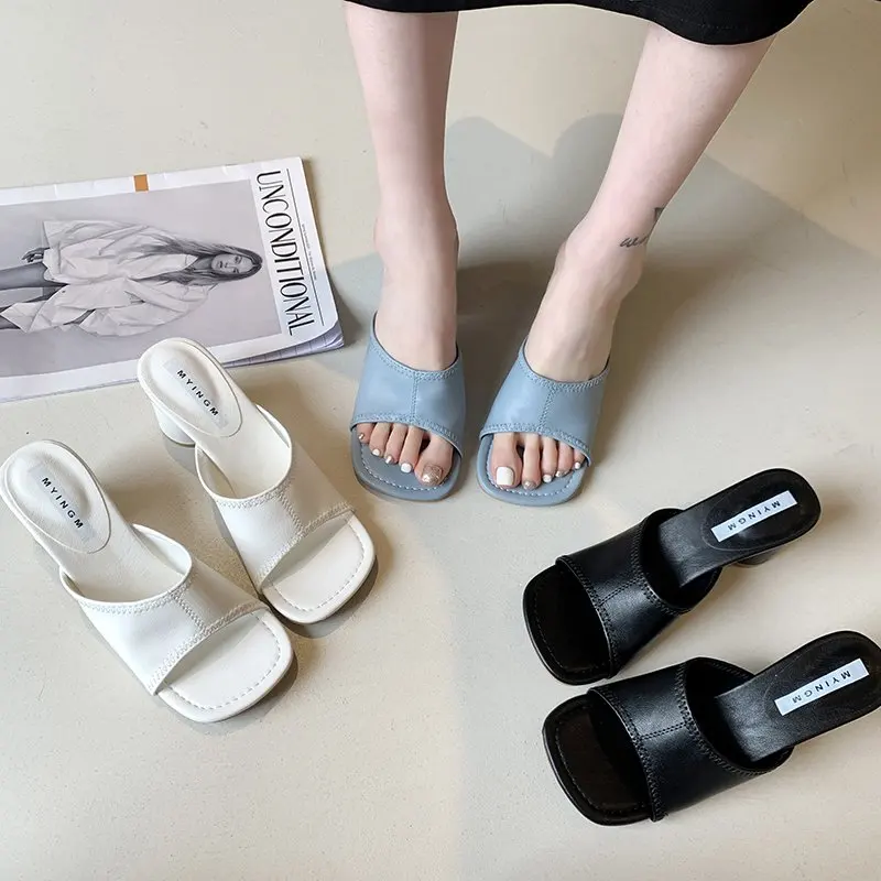 

Loafers Female Shoes Ladies' Slippers Women Heels Square heel Med Peep Toe Mules Sexy Luxury Slides 2021 High Block Soft Summer