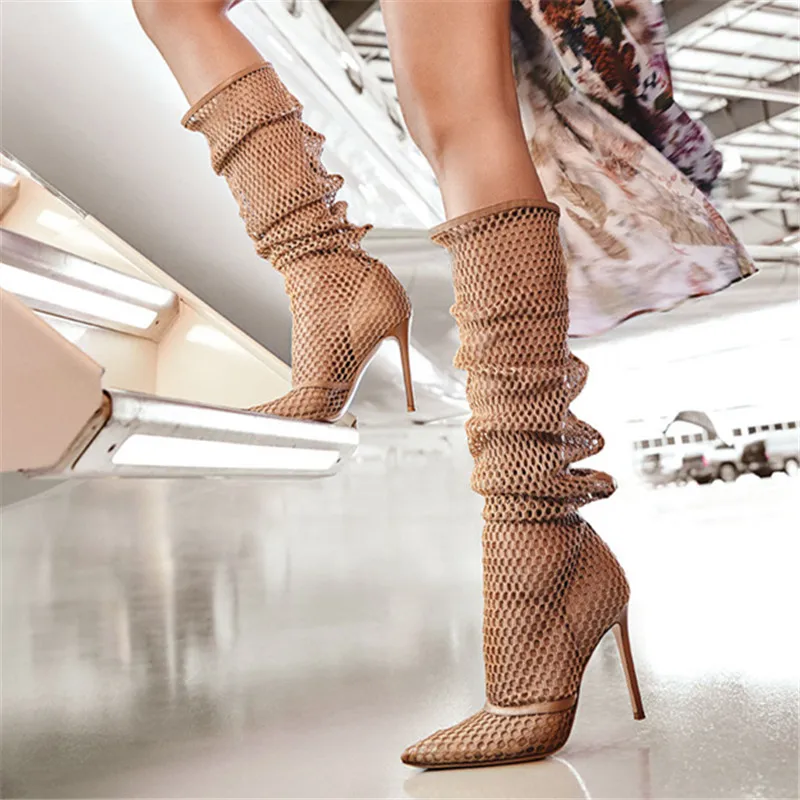 

Sexy Mesh Summer Boots Women Slip-on Knee High Boots Ladies High Heel Gladiator Sandals Pointed Toe Long Botas Mujer