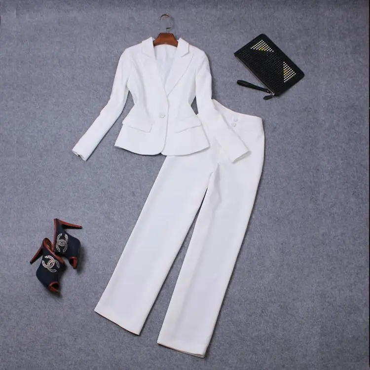 High Quality Runway Long Pant Women Casual Office Business Suits Formal Work Wear Sets Elegant Trousers Set White Black