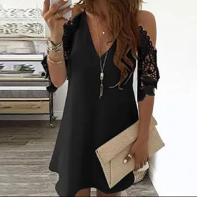 

women dress summer lace fashion casual sexy split tie strap color dress v neck beach party ladies dress