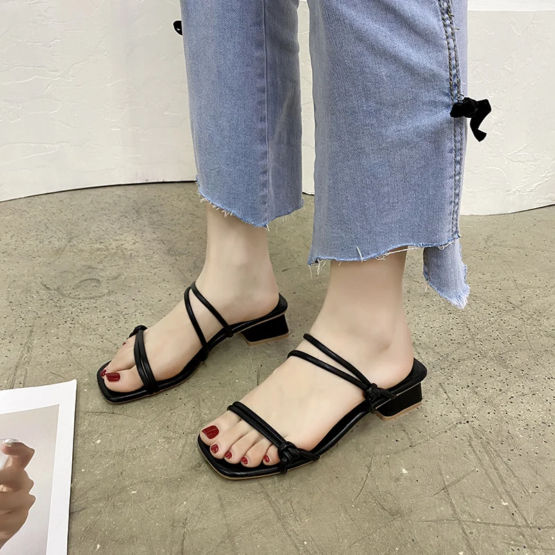 

2021 Summer Med Female Sandal Block Heels Buckle Clear Shoes All-Match Espadrilles Platform Medium Girls Chunky Fashion Low Stra
