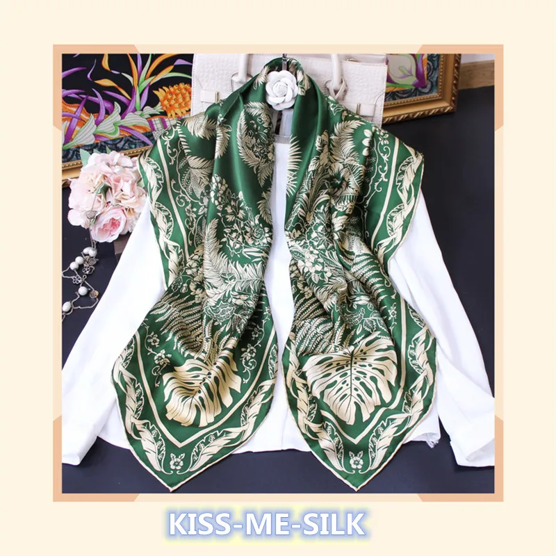 

KMS Warm smooth Jade Phoenix satin silk large square scarf shawl hand-rolled mulberry-silk scarf shawl 110*110CM/60G