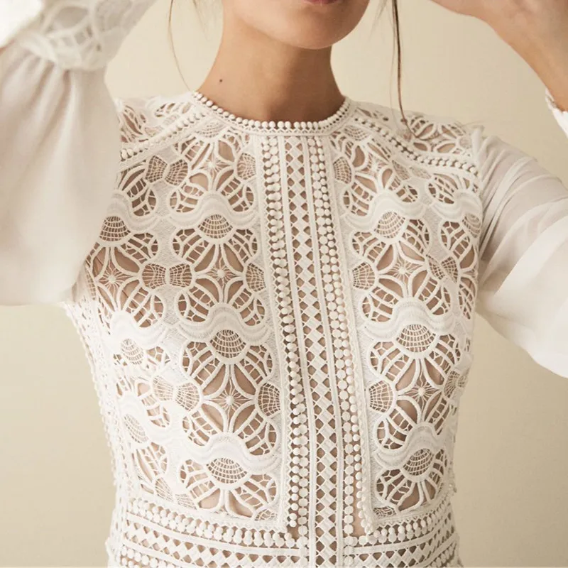 SMTHMA High Quality Fashion Self-Portrait Lace Hollow Dress Woman Luxury design Runway Pleated Waist Print Chic Dress