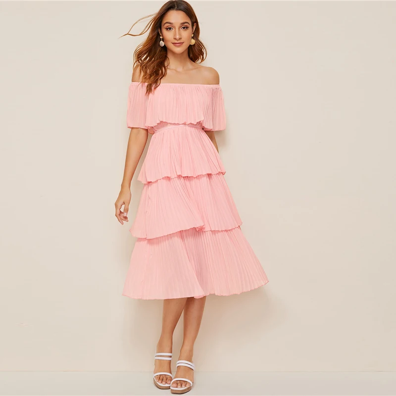 SHEIN Стильное Платье Со Складками И Открытыми Плечами Женские Летние Длинные Платья Без Рукавов
