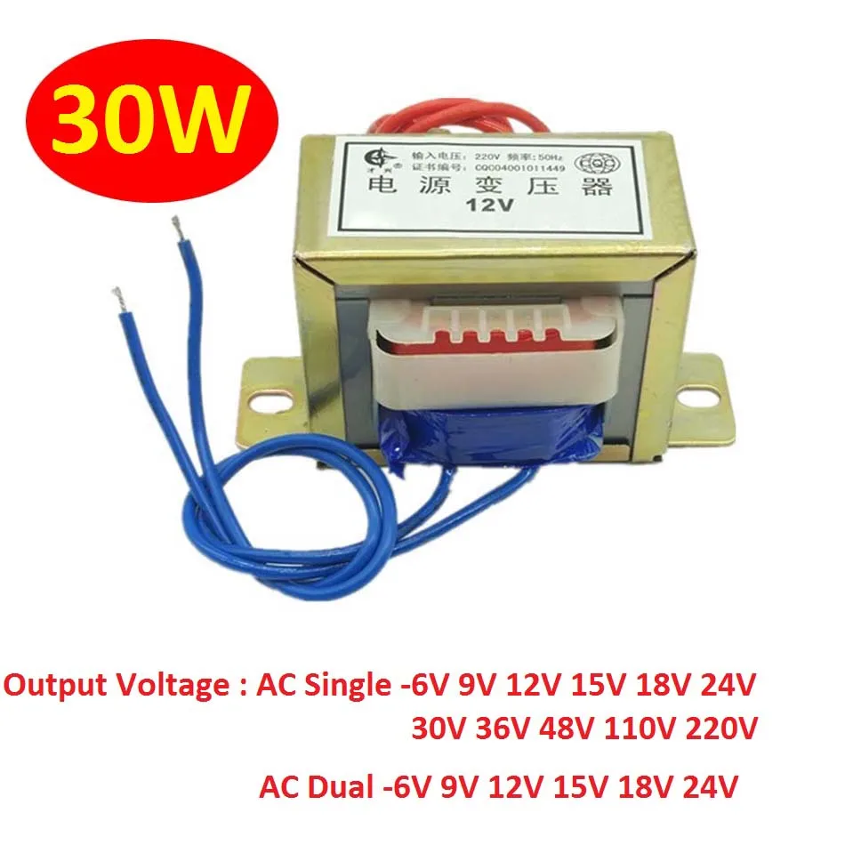 

EI66 30W/VA Power Transformer Input AC 220V/380V~50Hz Output AC Single/Dual 6V 9V 12V 15V 24V 36V 110V to 220V Copper Core