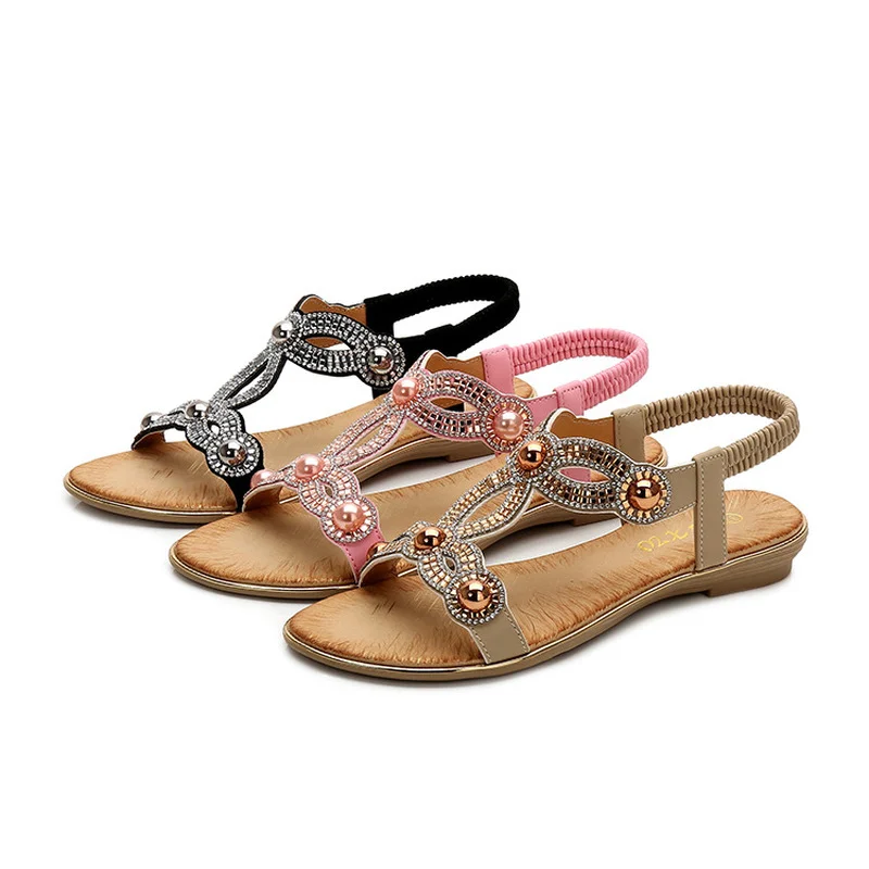 

Retro Women's Sandals Fashion Sewing Shoes Rhinestone Design Outdoor Summer Sandals Soft Platform Elastic Band Sandals