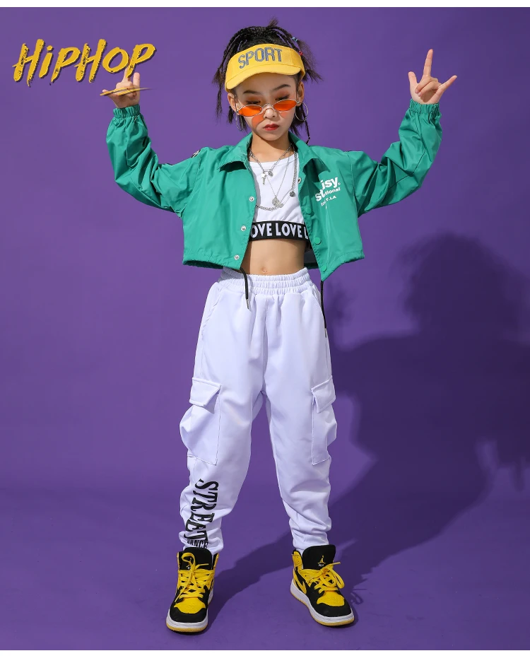 Костюм для танцев в стиле хип-хоп девочек зеленый костюм с длинным рукавом пальто