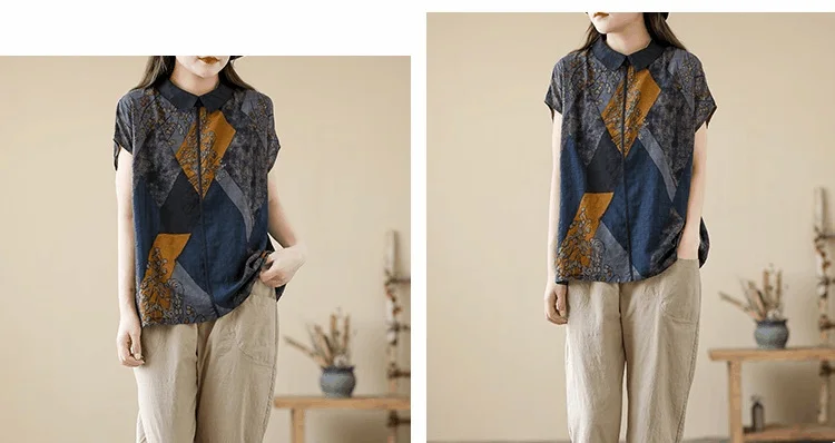 

2021 Summer Short-Sleeved Artistic Retro Female Polo Shirt Women Slim-Fitting Patchwork Design Floral Ladies Blusas Pullover Top