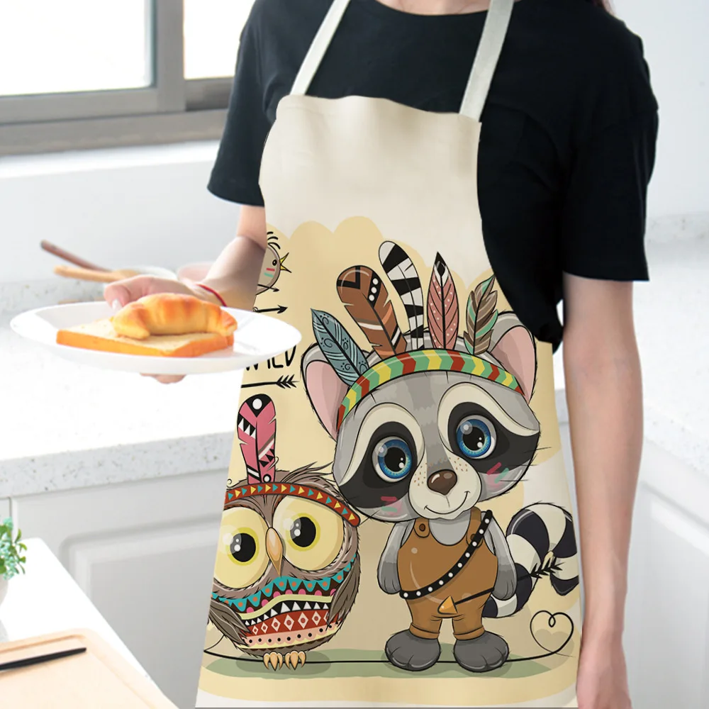 

Cartoon Owl Kitchen Cooking Aprons For Women Parent-child Party Baking Bibs Cotton Linen Household Cleaning Apron Delantales